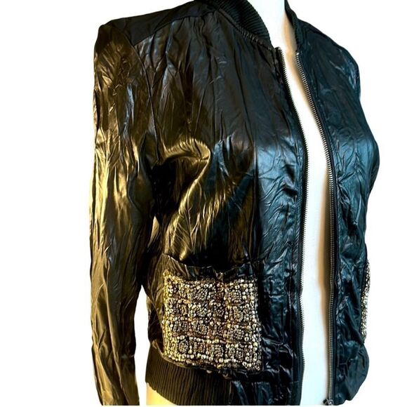 Miss Me Black Metallic Beaded Moto Vegan Leather Jacket - Picture 6 of 11